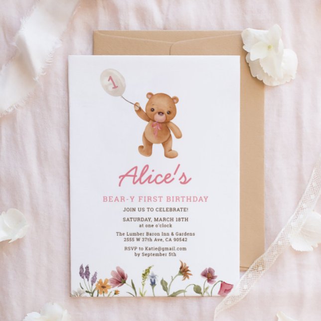 Rosa Girl Nalle First Birthday Call Inbjudningar (Skapare uppladdad)