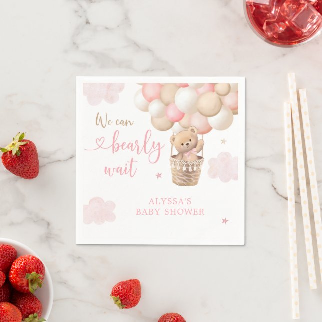 Rosa Girl Nalle Luftballong Baby Shower Pappersservett (Insitu)