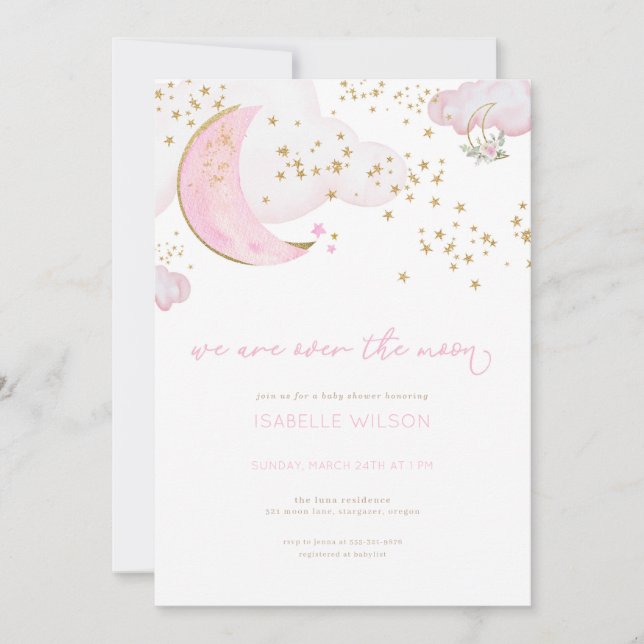 Rosa Girl over the Måne Baby Shower-inbjudan Inbjudningar (Framsida)