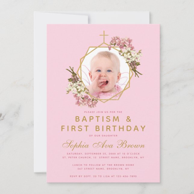 Rosa Girl Photo Baptism First Birthday Orchids Inbjudningar (Framsida)
