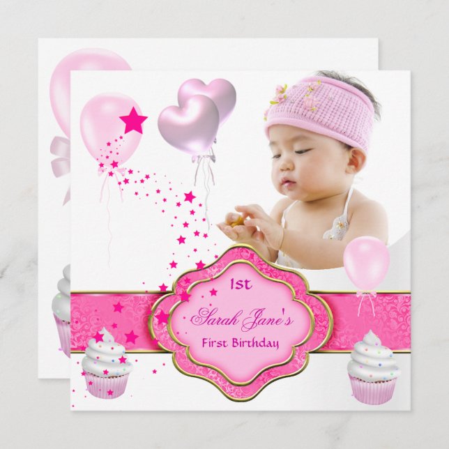 Rosa Girl Photo First 1st Birthday Party Inbjudningar (Fram/baksida)