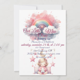 Rosa Girl Rainbow Star Birthday Inbjudningar