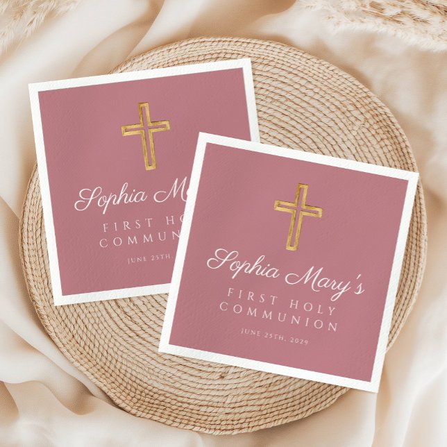 Rosa Girl Religiösa Kor First Communion Pappersservett (Pink Girl Religious Cross First Communion Napkins)