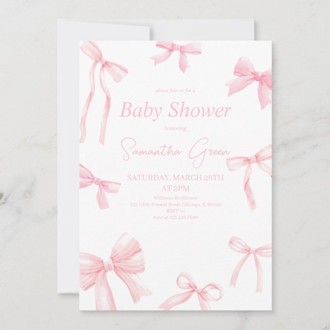 Rosa Girl Ribbon Minimalist Baby Shower Inbjudningar (Framsida)