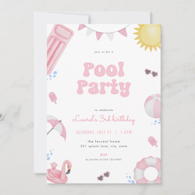 Rosa Girl Summer Bassäng Party Birthday bjudande Inbjudningar (Framsida)
