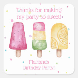 Rosa Girl Summer Popsicle Birthday Favors Fyrkantigt Klistermärke