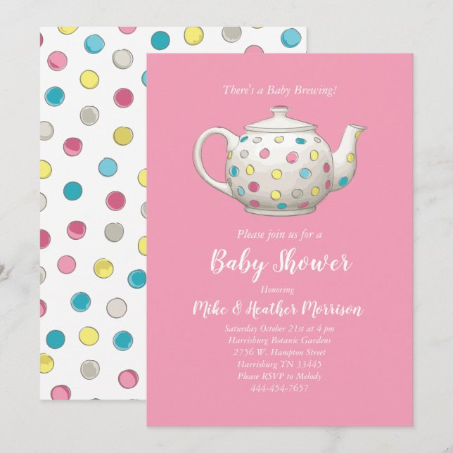 Rosa Girl, Tea Party Baby Shower Inbjudningar (Fram/baksida)