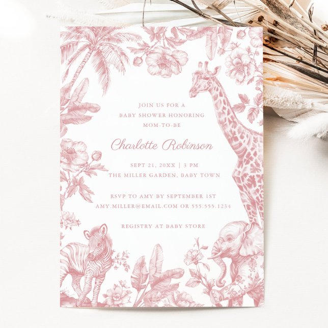 Rosa Girl Toile Safari Elegant Baby Shower Inbjudningar (Pink Girl Toile Safari Elegant Baby Shower Invitation)