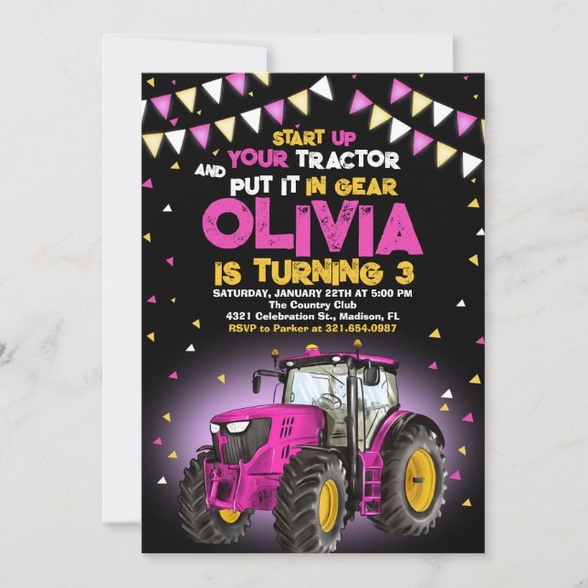 Rosa Girl Tractor 3 Birthday Party Inbjudningar (Framsida)