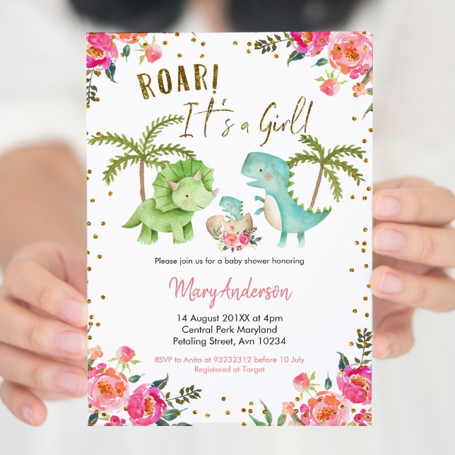 Rosa Girl Tropical Dinosaur Baby Shower Blommigt Inbjudningar (Skapare uppladdad)