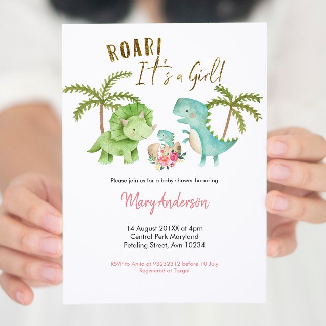 Rosa Girl Tropical Dinosaur Baby Shower Roar Inbjudningar (Skapare uppladdad)