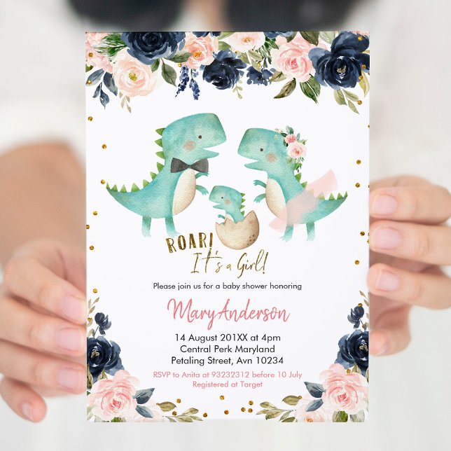 Rosa Girl Tropical Dinosaur Baby Shower Roar Invit Inbjudningar (Skapare uppladdad)