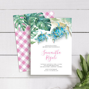 Rosa Girl Tropical Sea Turtle Gingham Birthday Inbjudningar