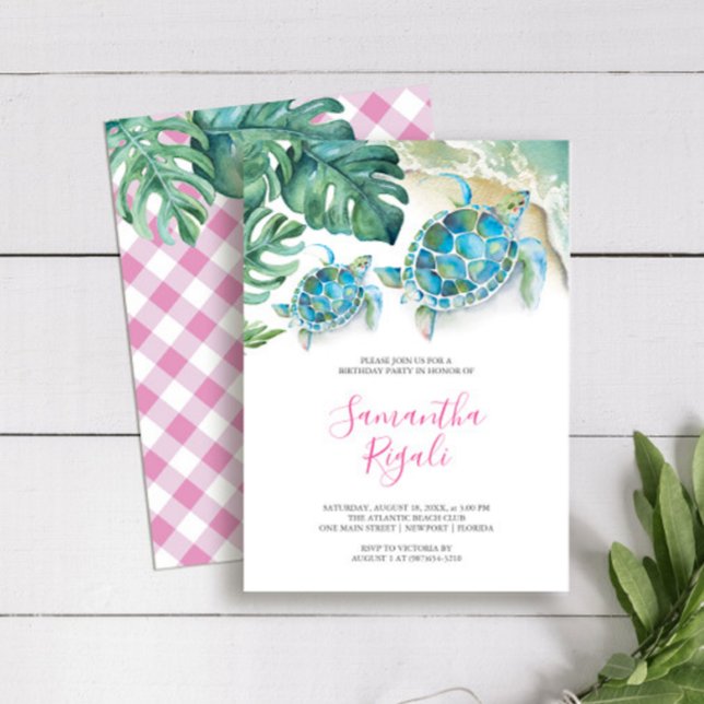 Rosa Girl Tropical Sea Turtle Gingham Birthday Inbjudningar (Birthday party invitations girls cute pink and turquoise sea turtle watercolor Victoria Grigaliunas)