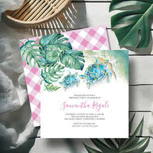 Rosa Girl Tropical Sea Turtle Gingham Birthday Inbjudningar
