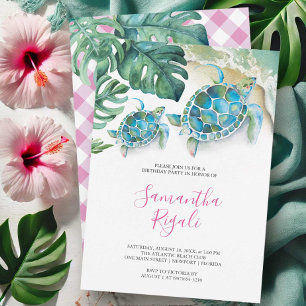 Rosa Girl Tropical Sea Turtle Gingham Birthday Inbjudningar