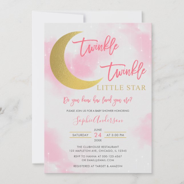 Rosa Girl Twinkle Twinkle Little Star Baby Shower Inbjudningar (Framsida)