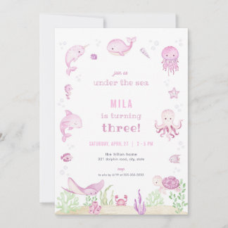 Rosa Girl under Sea Birthday bjudande Inbjudningar