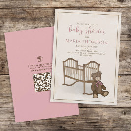 Rosa Girl Vintage Nalle QR Code Gift Registry Inbjudningar