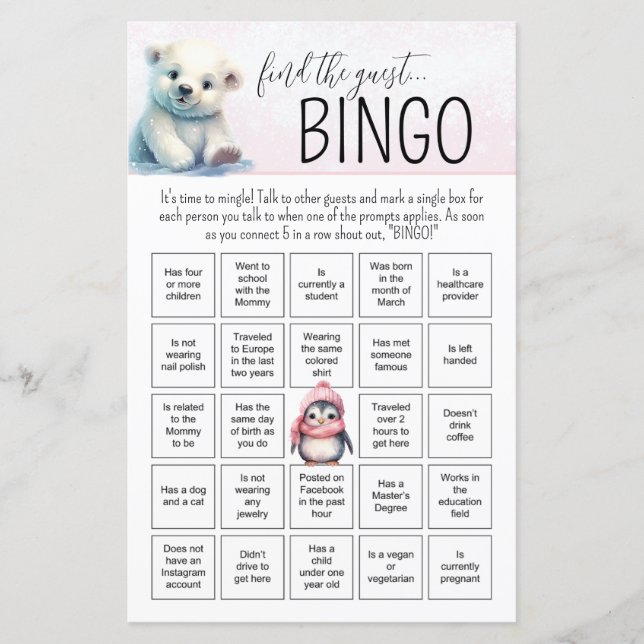Rosa Girl Winter Baby Bingo Baby Shower Game (Framsida)