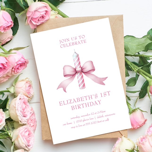 Rosa Girlig Prydnadsbålys 1-års Födelsedag Inbjudningar (Girly Pink Coquette Bow Candle 1st Birthday Invitation)