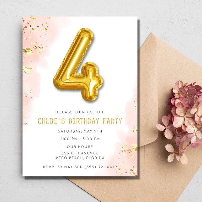 Rosa Girls 4e födelsedagen Balloon Party Inbjudningar (Pink Girls 4th Birthday Balloon Party Invitation)