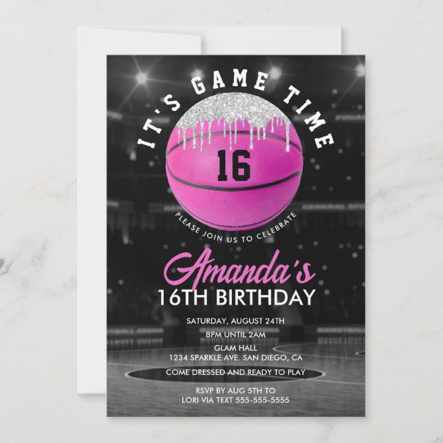 Rosa Girls Basketball Birthday-inbjudan Inbjudningar (Framsida)