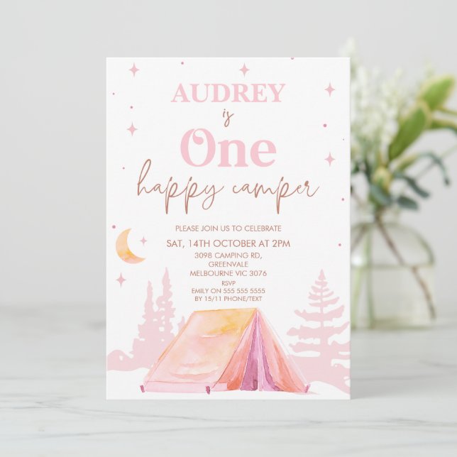 Rosa Girls Lycklig Camper 1:a födelsedag Inbjudningar (Stående Fram)