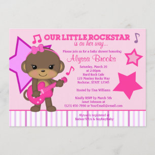 Rosa Girls Monkey Rockstar Baby Shower-inbjudninga Inbjudningar