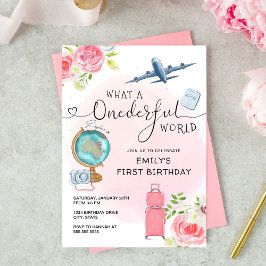 Rosa Girls ONEderful World First Birthday Inbjudningar