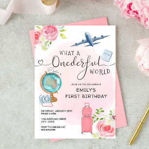 Rosa Girls ONEderful World First Birthday Inbjudningar