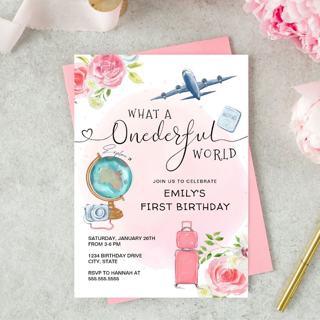Rosa Girls ONEderful World First Birthday Inbjudningar (Skapare uppladdad)