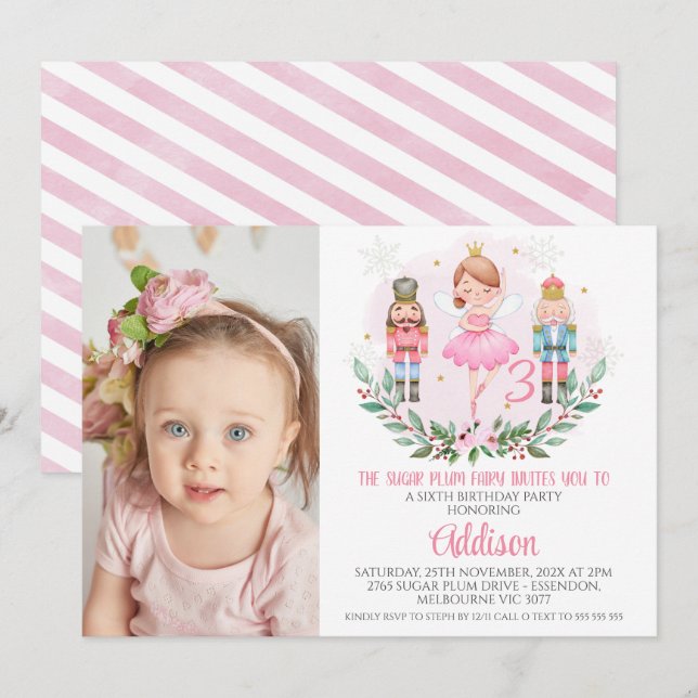 Rosa Girls Photo Sugar Plum Fairy Birthday Inbjudningar (Fram/baksida)