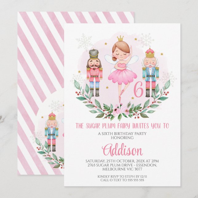 Rosa Girls Sugar Plum Fairy Birthday Call Inbjudningar (Fram/baksida)