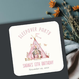 Rosa Girls Tält Sleepover Slumber Födelsedagsfest Fyrkantigt Klistermärke
