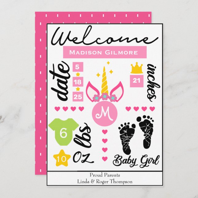 Rosa Girls Unicorn Birth Stats Notice Inbjudningar (Fram/baksida)