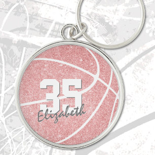 rosa girly basketboll med namn jersey-nummer rund silverfärgad nyckelring