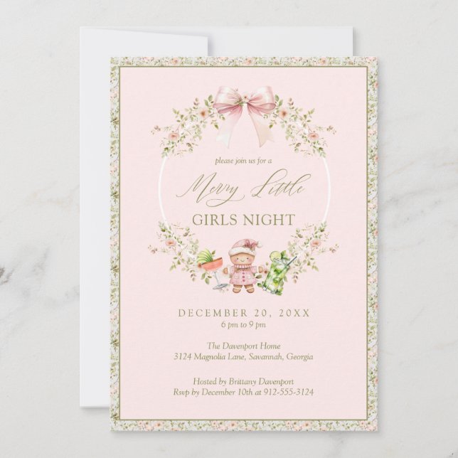 Rosa Girly Coquette Girls Night Julfest Inbjudningar (Framsida)