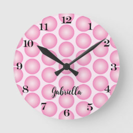 Rosa Girly Dots Black Script Namn Wall Clock Rund Klocka