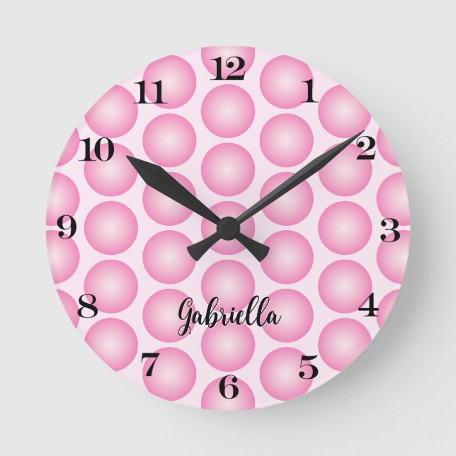 Rosa Girly Dots Black Script Namn Wall Clock Rund Klocka (Framsida)