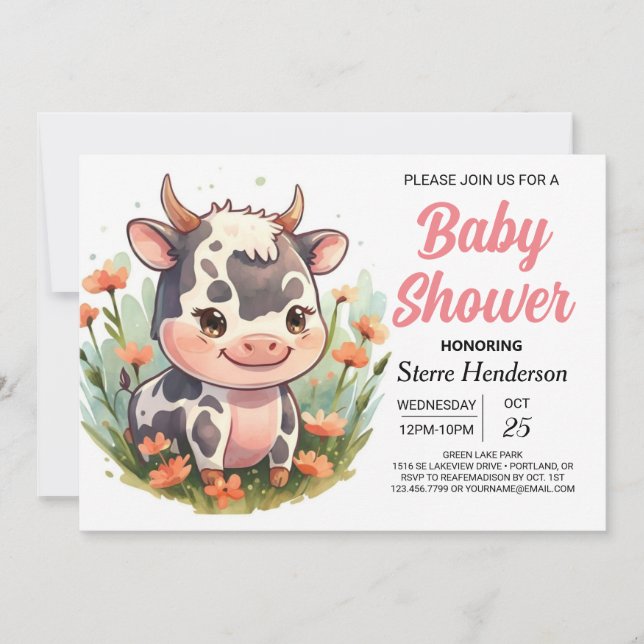 Rosa Girly Elegant Cow Baby Shower Inbjudningar (Framsida)