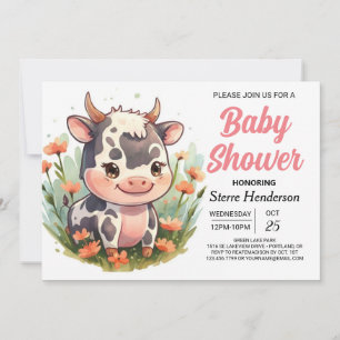 Rosa Girly Elegant Cow Baby Shower Inbjudningar