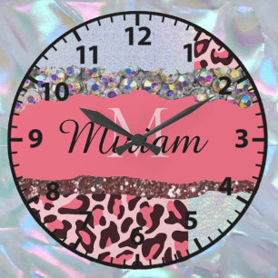 Rosa Girly Feminine Ro Guld Monogram Clock Stor Klocka