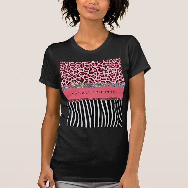  Rosa Girly Glitter Leopard Print Loud T Shirt (Framsida)