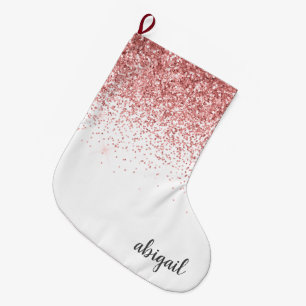 Rosa Girly Glitter Modern Monogram Namn Stor Julstrumpa