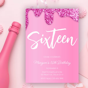 Rosa Girly Glitter Sweet 16 Födelsedagsfest Inbjudningar