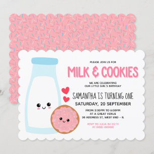 Rosa Girly Kawaii Mjölk och Cookies Birthday Inbjudningar