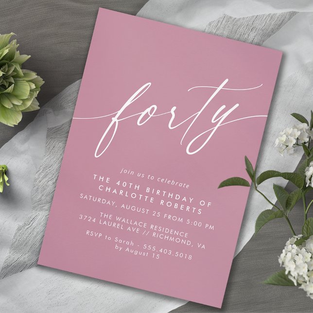 Rosa | Girly Modern Women's 40:e födelsedagen Inbjudningar (Skapare uppladdad)