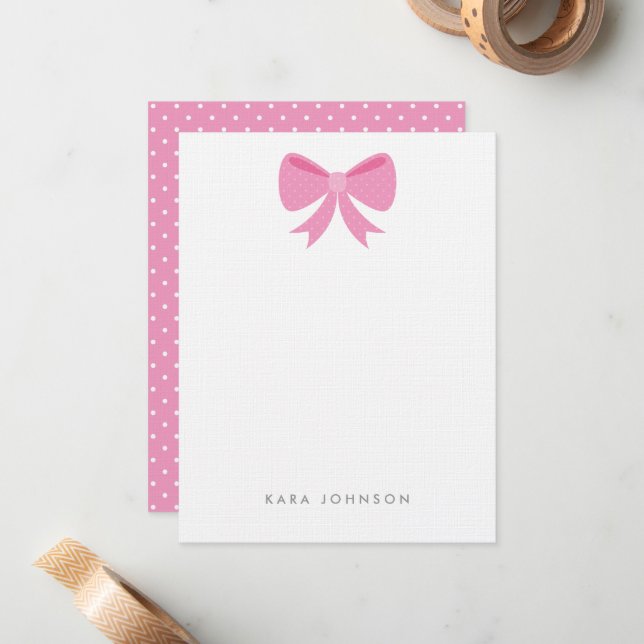 Rosa Girly Polka Dot Bow Monogram Stationery Anteckningskort (Fram/Back In Situ)