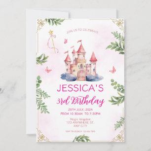 Rosa Girly Princess Fairytale Girls Barns födelsed Inbjudningar